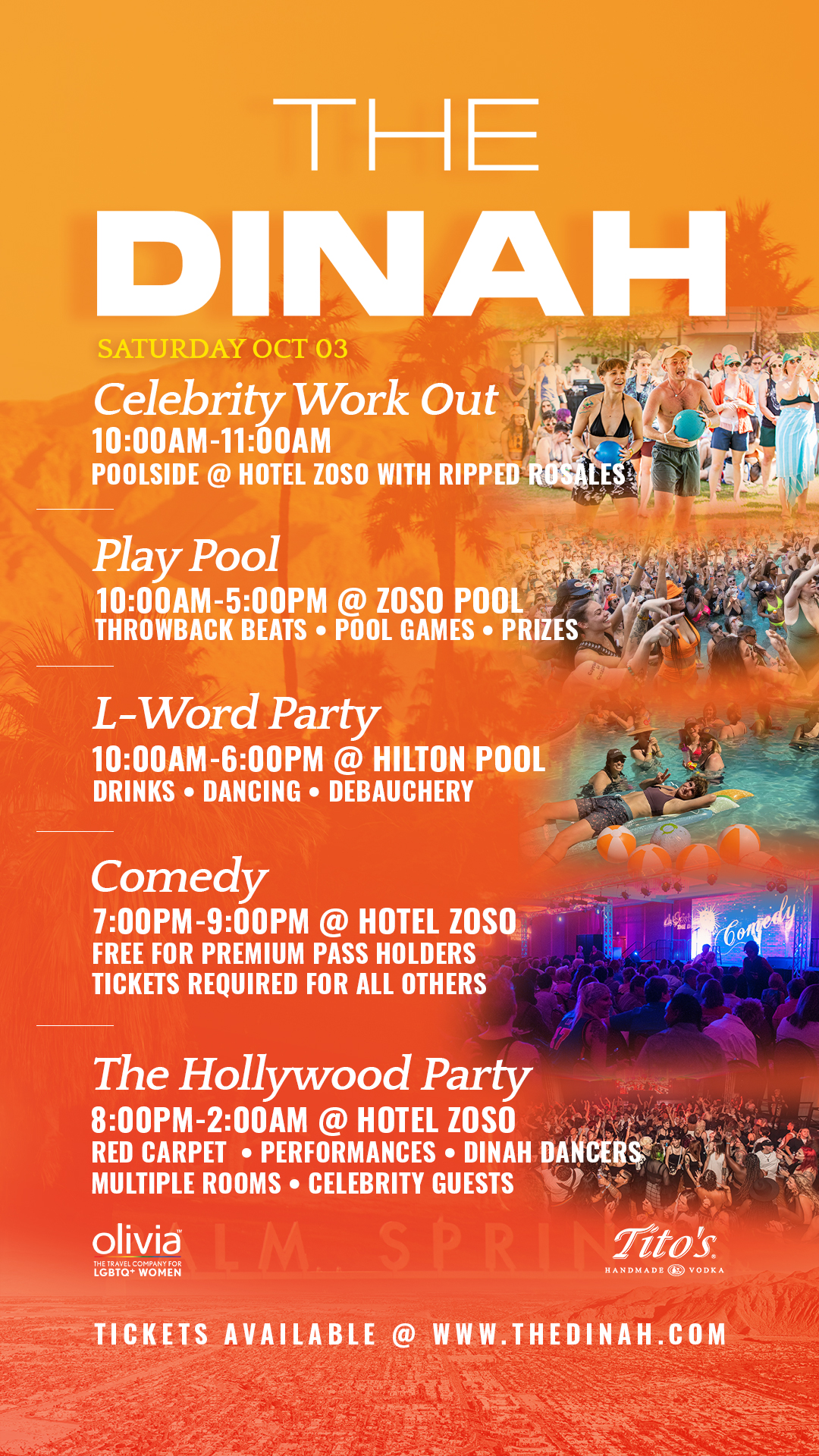 TD-Events-Saturday-1080x1920 Promotional poster for 'The Dinah' event with an orange gradient background and pool-party imagery; lists schedule items: Celebrity Work Out, Play Pool, L-Word Party, Comedy, The Hollywood Party, with times and venues; includes logos at bottom and website URL.