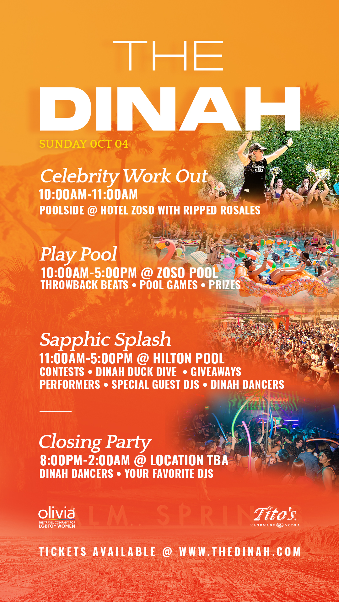 TD-Events-Sunday-1080x1920 Poster for The Dinah event with orange gradient and large DINAH title, listing schedules: Celebrity Work Out, Play Pool, Sapphire Splash, Closing Party; tickets at thedinah.com