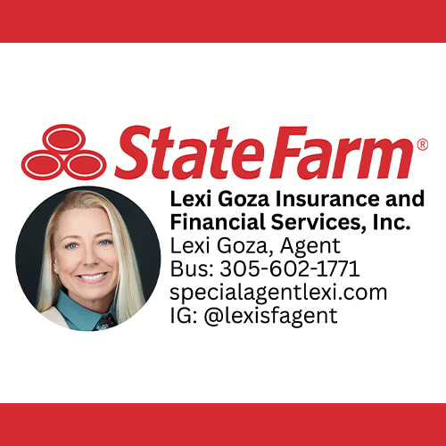 statefarm State Farm logo with a photo of a smiling woman on a business card: Lexi Goza Insurance and Financial Services, Inc.; Agent Lexi Goza; Bus: 305-602-1771; specialagentlexi.com; IG: @lexisfagent.