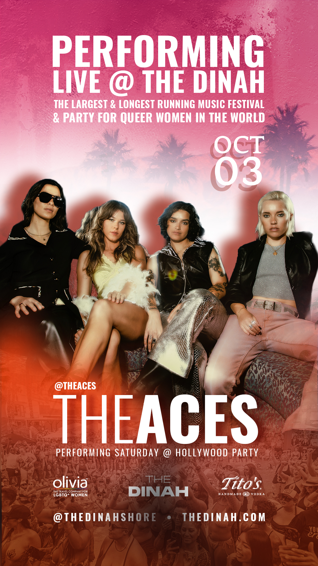 Poster promoting a live performance by The Aces at The Dinah, with four women seated against a pink gradient backdrop and large white text reading 'Performing Live @ The Dinah'.