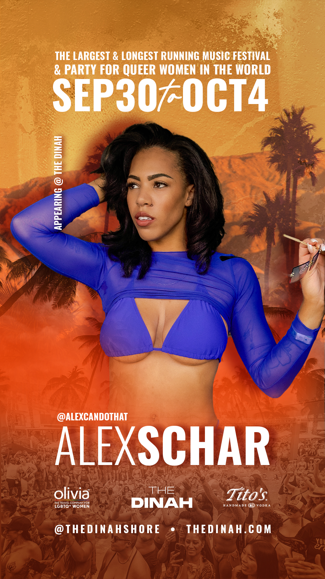 Promotional poster for The Dinah festival featuring a woman in a blue cut‑out top against an orange palm‑tree background, announcing Sep 30–Oct 4 and the event name.