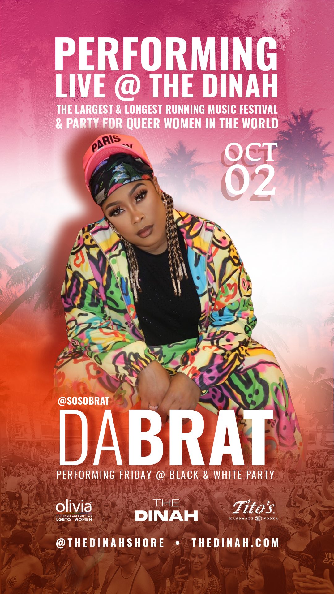 Promotional poster for Dabrat performing live at The Dinah, a LGBTQ+ women’s music festival, featuring a woman in a bright, colorful outfit against a pink gradient background.