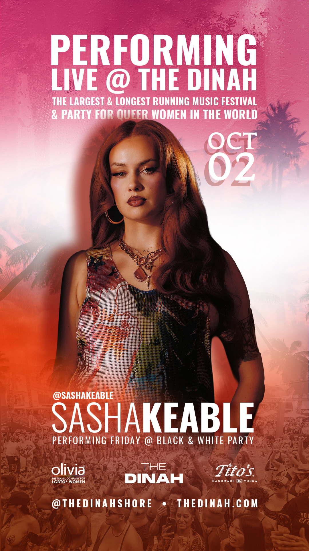 Poster for The Dinah festival announcing a live performance by Sasha Keable, pink sunset background with a woman in the foreground.