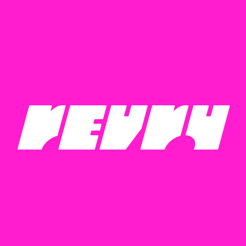 REVV logo in white on a hot pink background.