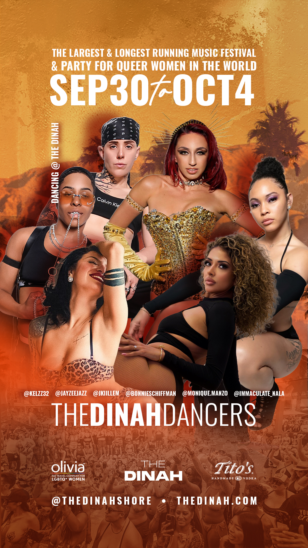 Poster promoting a live performance by The Aces at The Dinah, with four women seated against a pink gradient backdrop and large white text reading 'Performing Live @ The Dinah'.