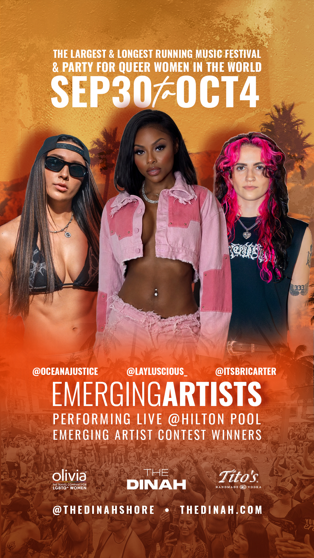 Promotional poster for The DINAH: three women pose against an orange sunset background, announcing Sep 30–Oct 4 and the Emerging Artists lineup.