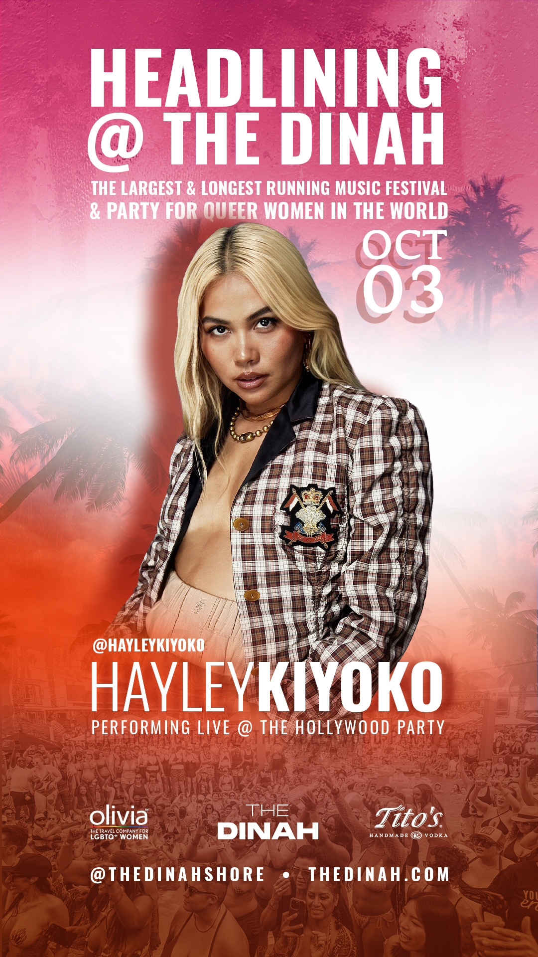 Promotional poster advertising Hayley Kiyoko headlining The Dinah on Oct 3, with a pink gradient background and a woman in a plaid jacket in the foreground.
