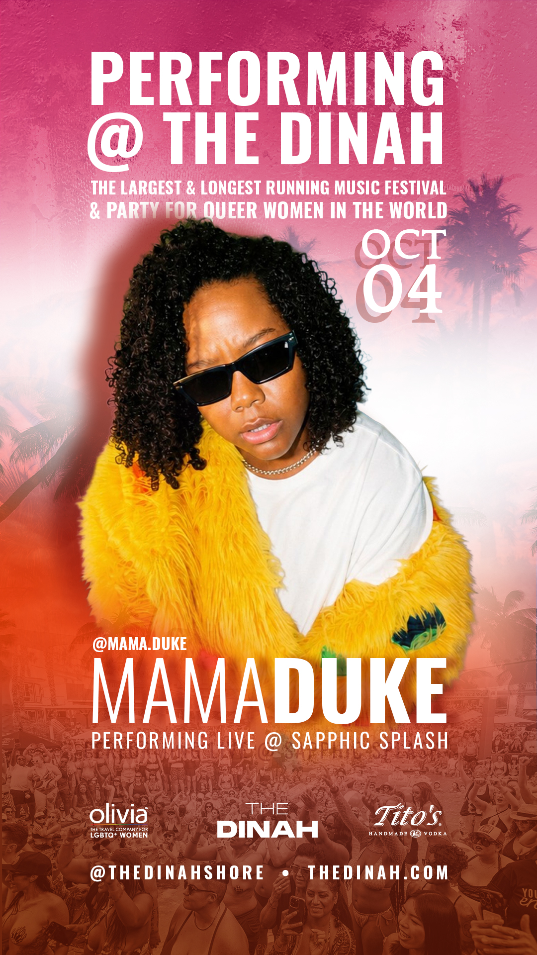 Promotional poster for The DINAH: three women pose against an orange sunset background, announcing Sep 30–Oct 4 and the Emerging Artists lineup.