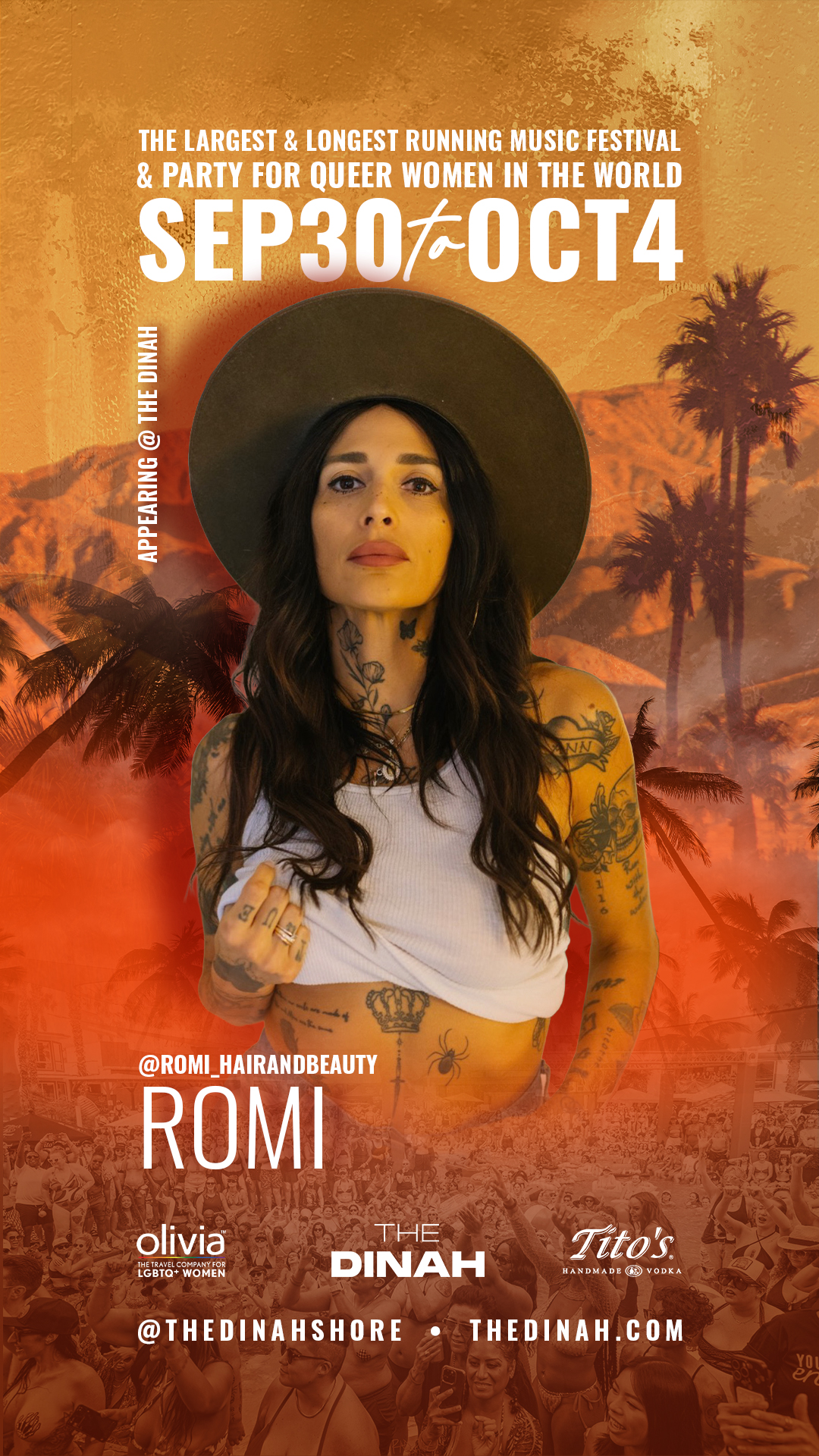 Promo poster for a queer women music festival, featuring a tattooed woman in a wide-brimmed hat against an orange gradient with dates Sep 30–Oct 4.