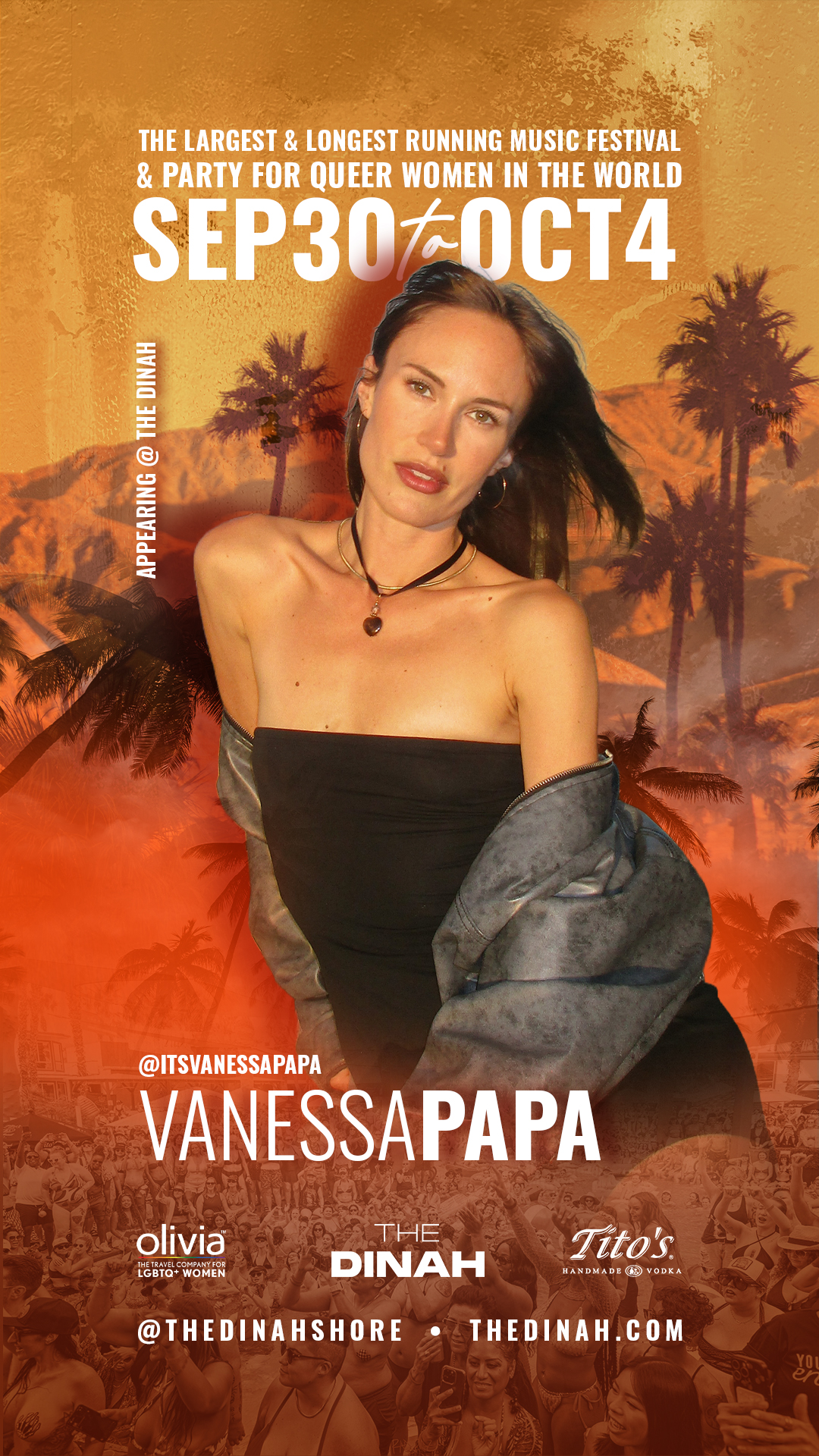 Promotional poster for The Dinah festival featuring a woman in a blue cut‑out top against an orange palm‑tree background, announcing Sep 30–Oct 4 and the event name.