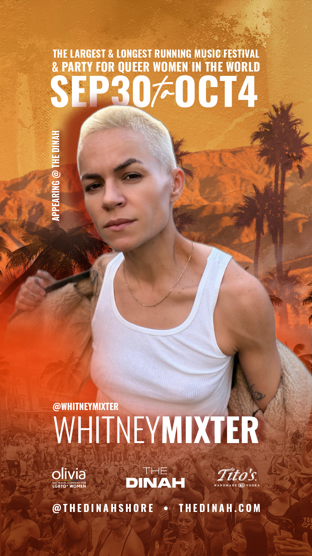 Promotional poster for Whitney Mixter at The Dinah 2024, Sept 30–Oct 4, with orange sunset background and crowd scene.