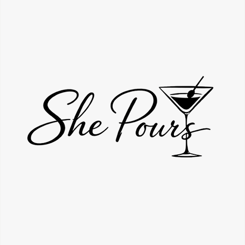 Logo reading 'She Pours' with a martini glass illustration.